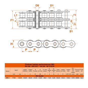 Le modèle de Chaine à rouleau double en acier (standard) au mètre norme ISO 28B2 - CH28B2-MT