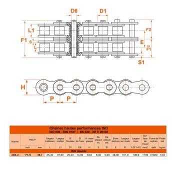 Le modèle de Chaine à rouleau double en acier (standard) au mètre norme ISO 24B2 - CH24B2-MT