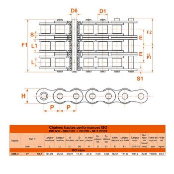 Le modèle de Chaine à rouleau triple en acier (standard) en rouleau de 5 mètres norme ISO 32B3 - CH32B3-5MT