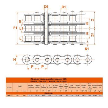 Le modèle de Chaine à rouleau triple en acier (standard) en rouleau de 5 mètres norme ISO 08B3 - CH08B3-5MT